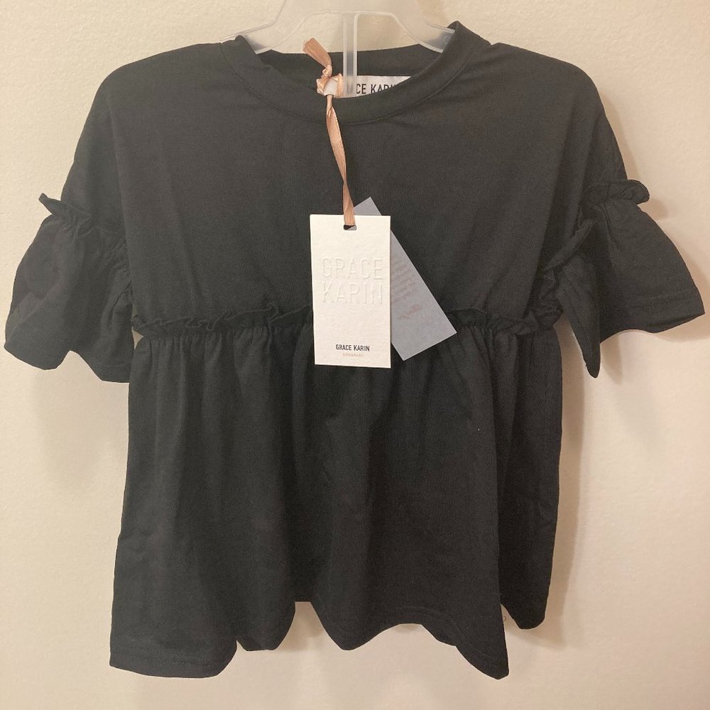 Grace Karin Short Sleeve Girls Black Peplum Top Size 6Y